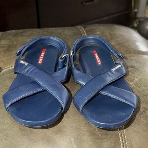Prada Navy Blue Cross-Strap Leather Sandals